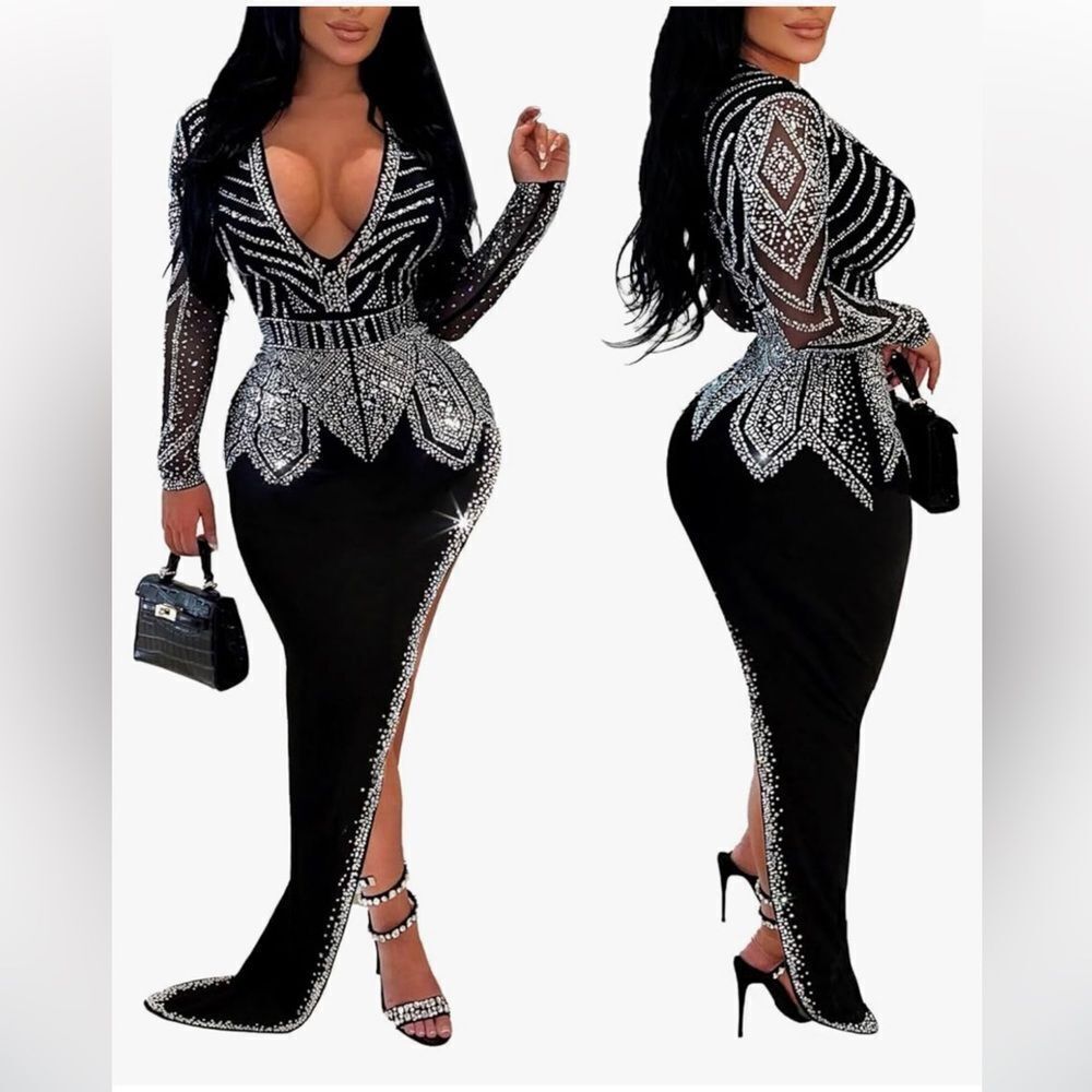 Sexy Elegant Rhinestone Long Sleeve Night Club Dress Party Clubwear Evening Dres